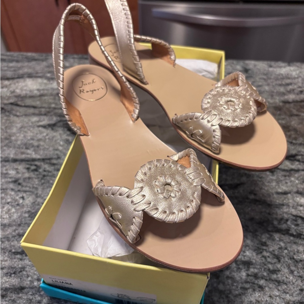 Jack Rogers Gold Sandals with Crystal Bow
